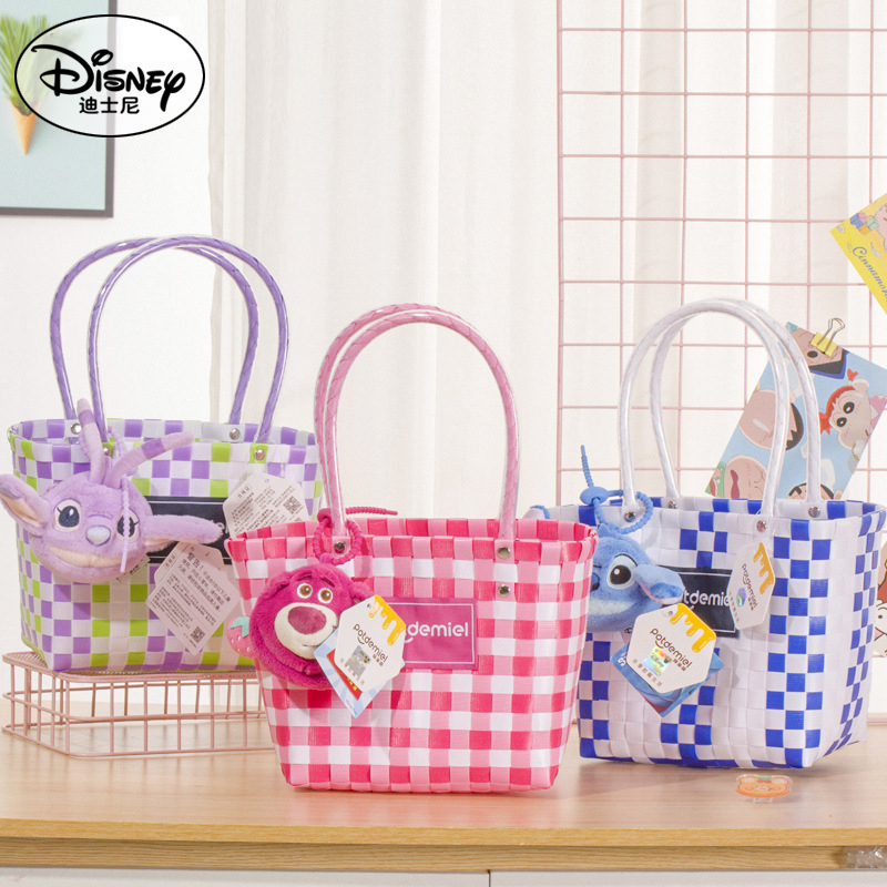 迪士尼草莓熊史迪奇春夏彩色编织包网红手拎包挂件学生菜篮子包包