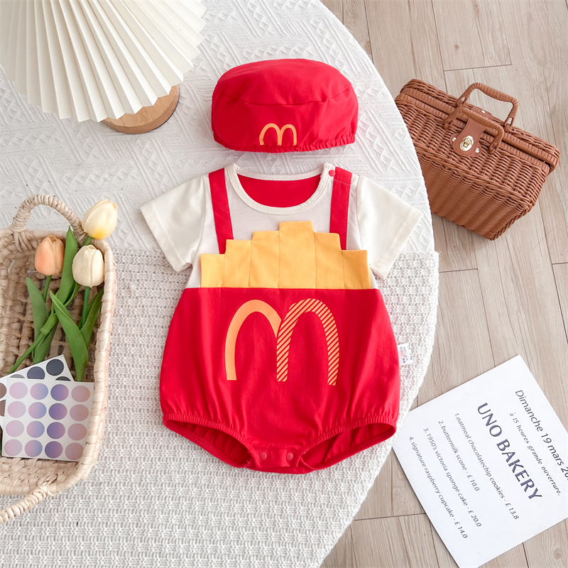 麦当劳婴儿衣服夏季薄款短袖连体衣男宝宝衣服假两件哈衣外出爬服