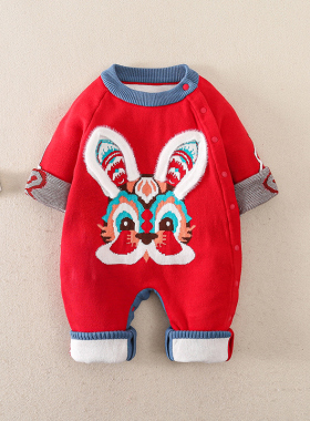 婴儿兔年新年拜年服毛耳朵兔头新生儿宝宝连体毛衣过年衣服拜年装