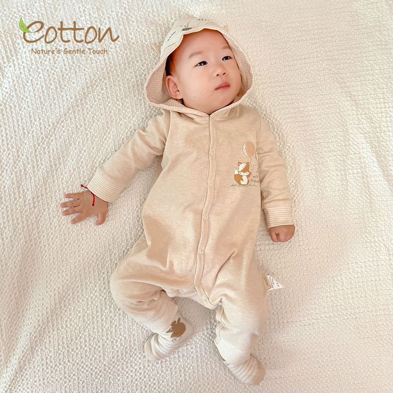 eotton新款初生婴儿连体衣带帽春装纯棉宝宝包屁衣新生儿外出衣服