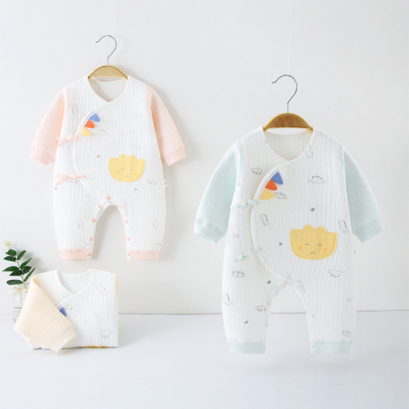 0-3个月初生婴儿夹棉保暖连体哈衣 春季新款新生儿三层保暖蝴蝶衣
