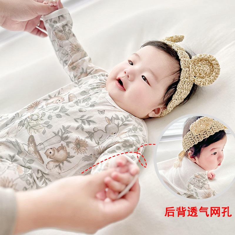 0-1岁婴儿连体衣纯棉夏季薄款宝宝长袖空调服睡衣背面网眼外出服