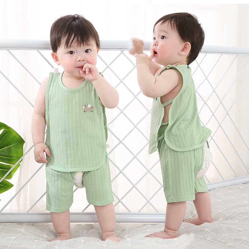 婴儿衣服夏季宝宝薄款无袖背心套装男女童透气镂空琵琶套装睡衣