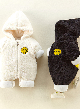 婴儿衣服冬装加厚连体衣3-6月男宝宝加绒带帽毛毛衣9满月外出爬服