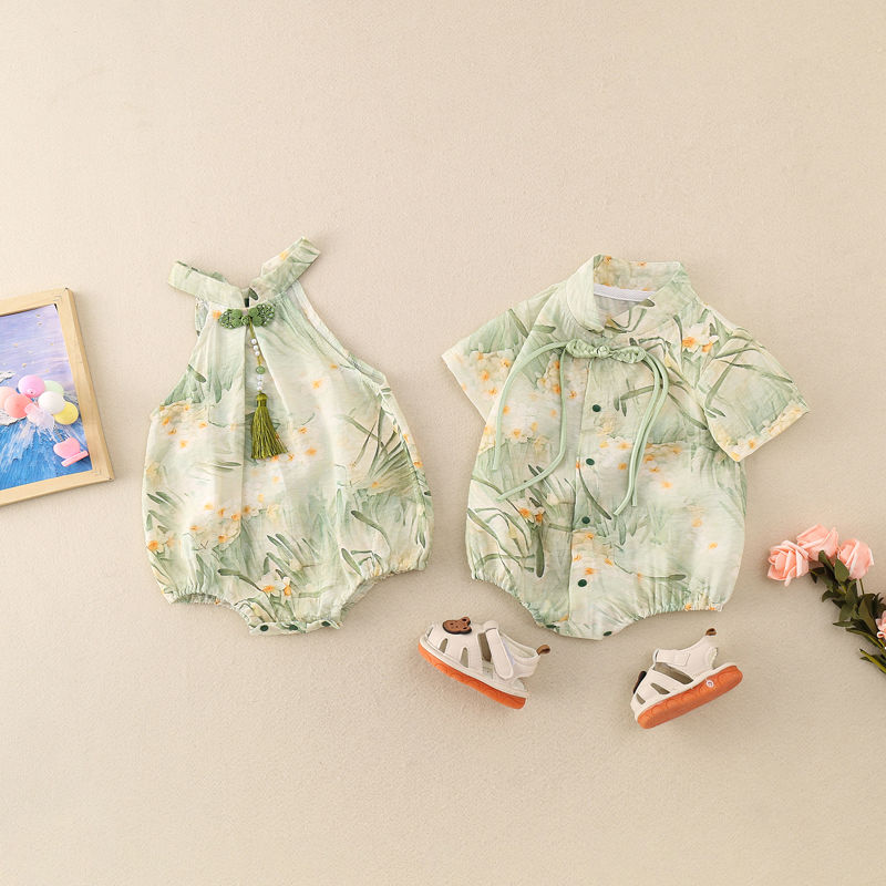 婴儿衣服夏季男宝宝满月百天薄款外出连体衣新生儿新中式汉服哈衣