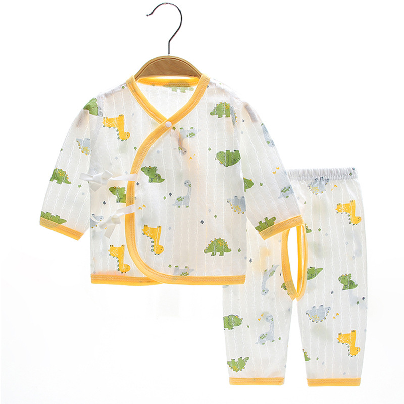 婴儿衣服夏季薄款空调服初生儿系带开档裤套装0-3月婴儿长袖睡衣
