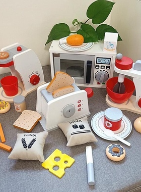 木制儿童仿真微波炉烤箱厨房过家家面包烘焙甜点厨具套装益智玩具