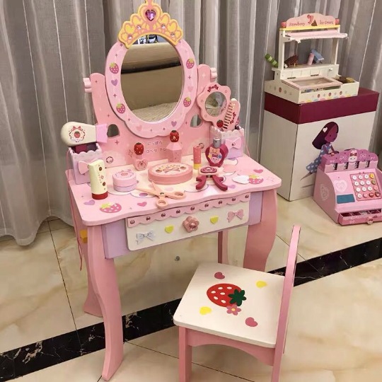 出口欧美日本粉色梳妆台小公主化妆台过家家木制玩具女孩生日礼物