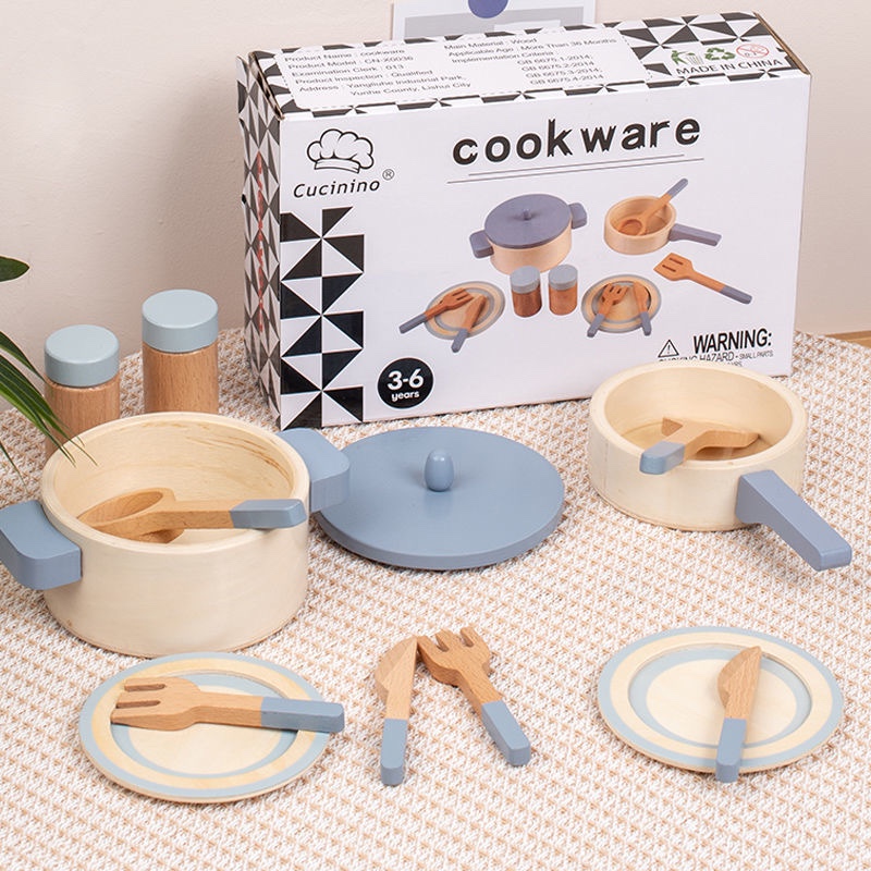 儿童木制仿真锅具厨具烘焙组合过家家厨房烧菜切切看木质厨房玩具