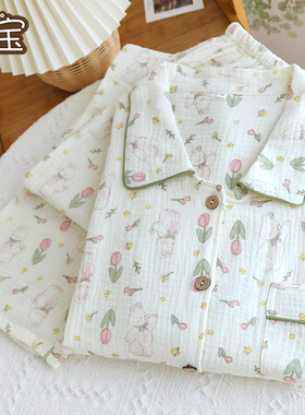 春秋季新款长袖纯色女纯棉纱布宽松大码全棉可外穿开衫家居服套装