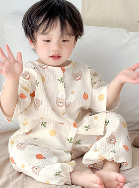 韩版儿童睡衣春秋纯棉男女童夏季宝宝家居服薄款纱布婴儿小童套装