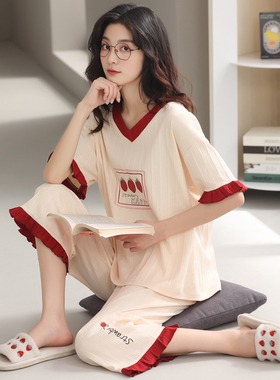 睡衣女士夏季纯棉可爱学生韩版短袖七分裤薄款套装春秋卡通家居服