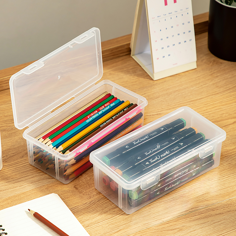 蜡笔收纳盒画画笔盒子透明塑料长方形翻盖收纳盒开学文具用品小号