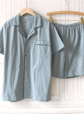 日系男士简约格子棉布睡衣夏季短袖短裤翻领纯棉薄款家居服套装薄