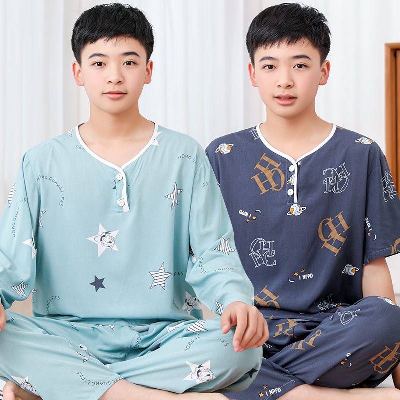 青少年棉绸睡衣男童夏季薄款长袖初中生家居服学生大童人造棉套装
