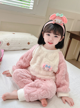 女童冬季睡衣法兰绒分体套装儿童女宝宝卡通加绒加厚珊瑚绒家居服