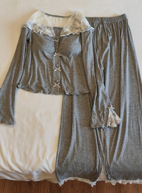 带胸垫2023年新款睡衣女秋冬季莫代尔法式甜美性感蕾丝家居服套装