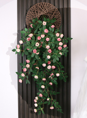 仿真玫瑰花藤仿生墙面遮挡壁挂墙上装饰绿植假花藤条墙壁挂花吊花