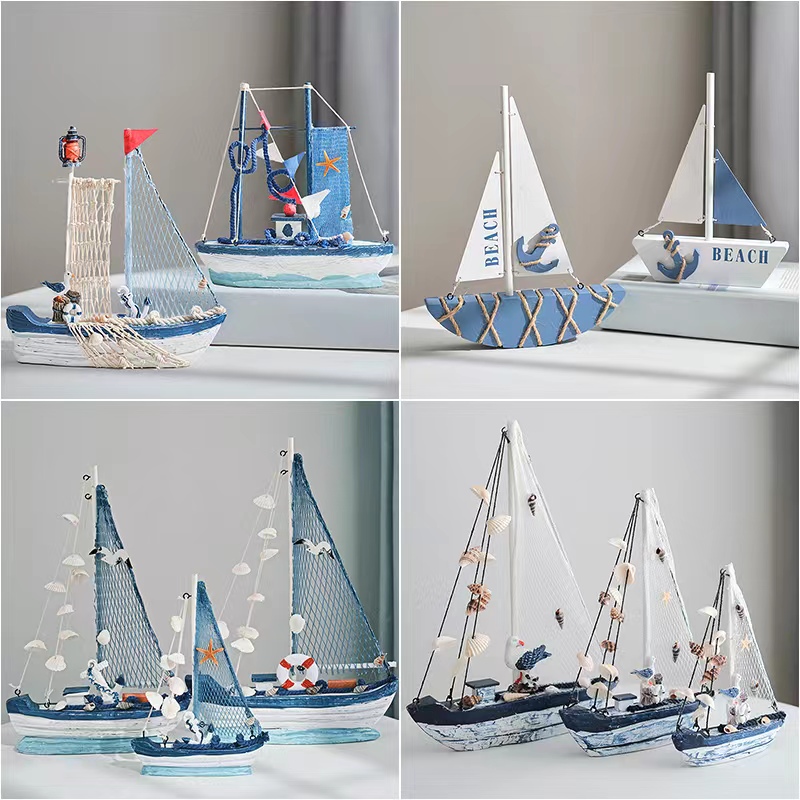 地中海风格创意家居装饰摆设 木质帆船模型小摆件手工艺木船小船