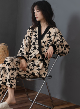 韩版时尚春秋款奢华睡衣女纯棉长袖秋冬季女士日式和服家居服套装