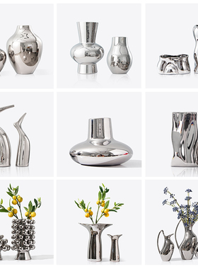 轻奢高档银色电镀陶瓷花瓶网红北欧 ins风客厅家用餐桌插花装饰品