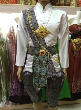 泰国传统服装礼服男立领长袖灯笼裤白色走秀拍照年会服装泼水节服