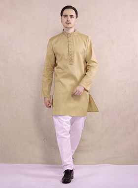 印度服装传统民族风纯棉透气服饰中长款薄款宽松长袖刺绣男士上衣