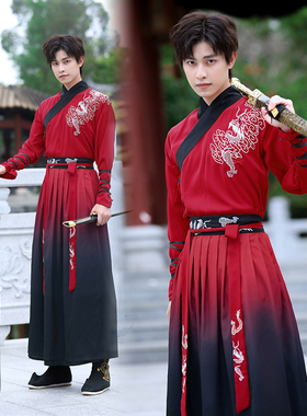 中国风大码男装霸气侠士古风男生传统长袖改良汉服红色渐变套装春