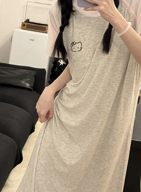 夏季纯棉薄款短袖睡裙女日系卡通印花学生少女中长款睡衣连衣裙