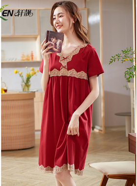 本命年红色睡裙女士夏季薄款纯棉短袖中长款家居服夏天睡衣连衣裙