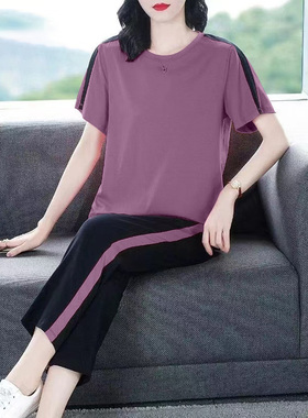 纯棉休闲运动服套装女2024年夏季新款韩版大码宽松显瘦短袖两件套