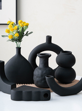 北欧ins风极简黑色花瓶客厅摆件电视柜陶瓷插花器不规则居家装饰