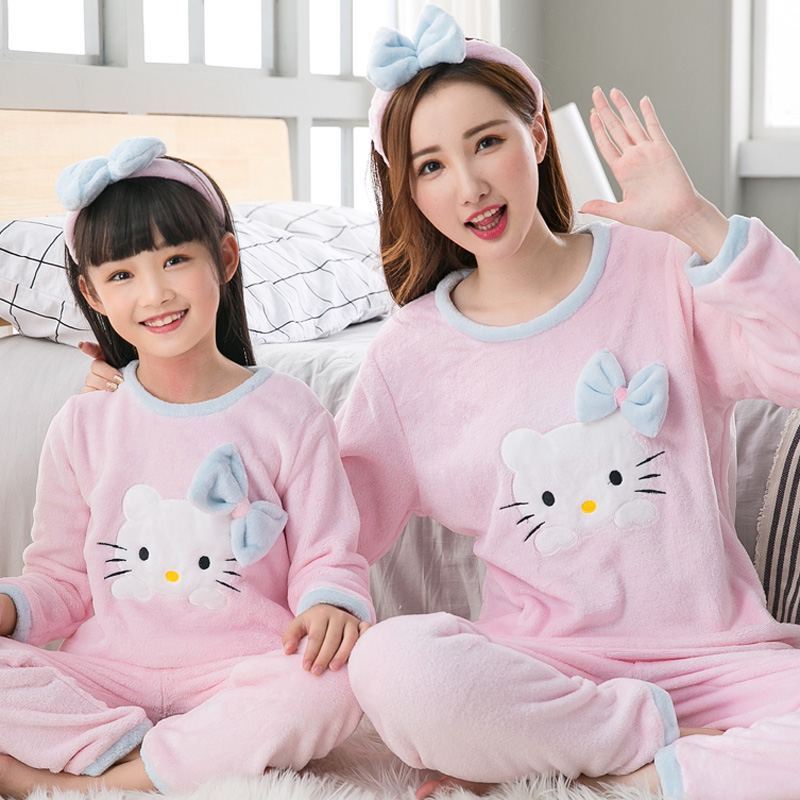 儿童睡衣女童冬季珊瑚绒加厚法兰绒韩版可爱中大童亲子家居服套装