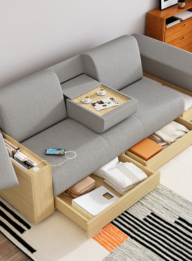 香港直发原木小户型客厅梳化储物可折叠多功能布艺沙发床两用