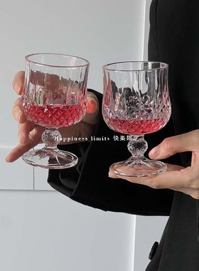 钻石浮雕玻璃杯ins风复古高颜值甜果酒饮料杯鸡尾酒杯高脚红酒杯