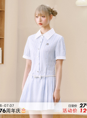 NS76 23夏季新款女士小个子短袖衬衫单排扣连衣裙收腰a字条纹显瘦