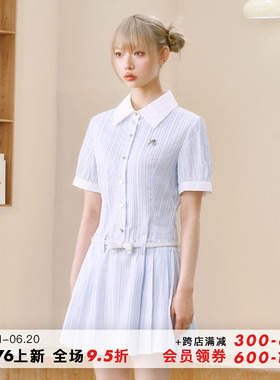 NS76 23夏季新款女士小个子短袖衬衫单排扣连衣裙收腰a字条纹显瘦