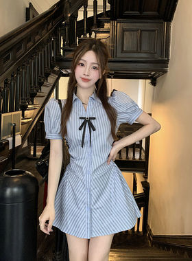 韩版领条纹短袖连衣裙女夏季2024新款设计感收腰显瘦蝴蝶结A字裙