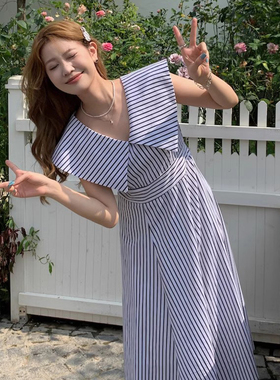 韩国chic夏季复古减龄大翻领系带收腰显瘦撞色A字型条纹连衣裙女