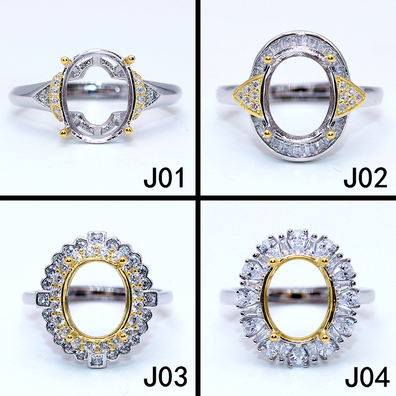 精工925纯银戒指空托新款形加工镶嵌双色戒托宝石定制18K金9*11mm