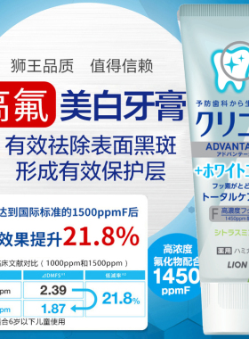 日本进口狮王含氟牙膏龋齿蛀牙防护大人牙釉质黑斑虫牙炫白正畸
