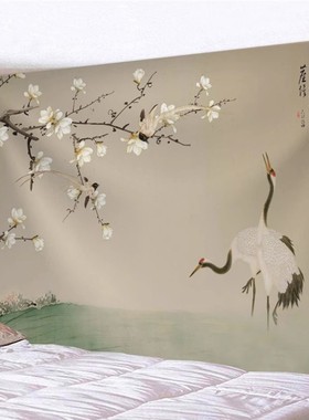 新中式山水花鸟装饰背景布古风桃花梅花背景墙布客厅卧室挂毯画布
