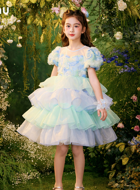 笛牧女童连衣裙2024夏新款时髦立体花朵超仙礼服裙儿童蓬蓬公主裙