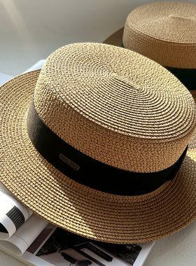 平顶帽子女夏度假海边巴拿马草帽平沿法式沙滩帽草编遮阳防晒礼帽