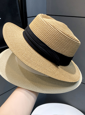 草帽女夏季英伦复古气质礼帽海边游玩沙滩遮阳帽子草编防晒太阳帽