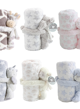 婴儿法兰绒毯100*75CM带安抚玩偶可爱毛绒玩具被子两用宝宝盖毯