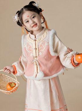 女童汉服拜年套装儿童冬装加绒加厚三件套民族风中国风过年服唐装