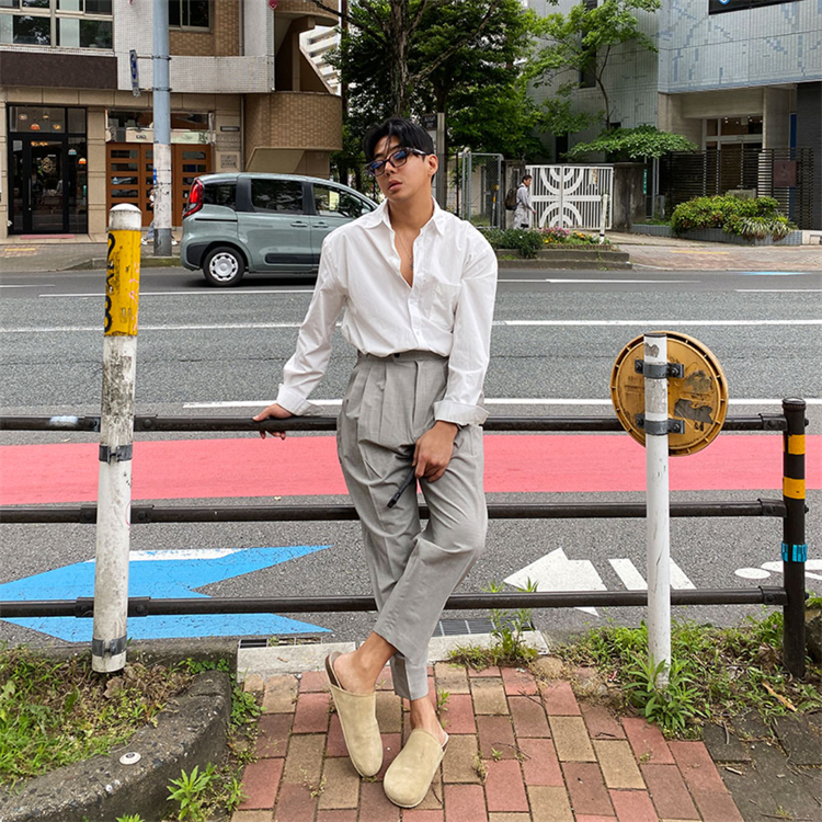 MRDONG韩国男装代购夏季高档羊毛混纺轻奢双掐褶直筒十分休闲西裤