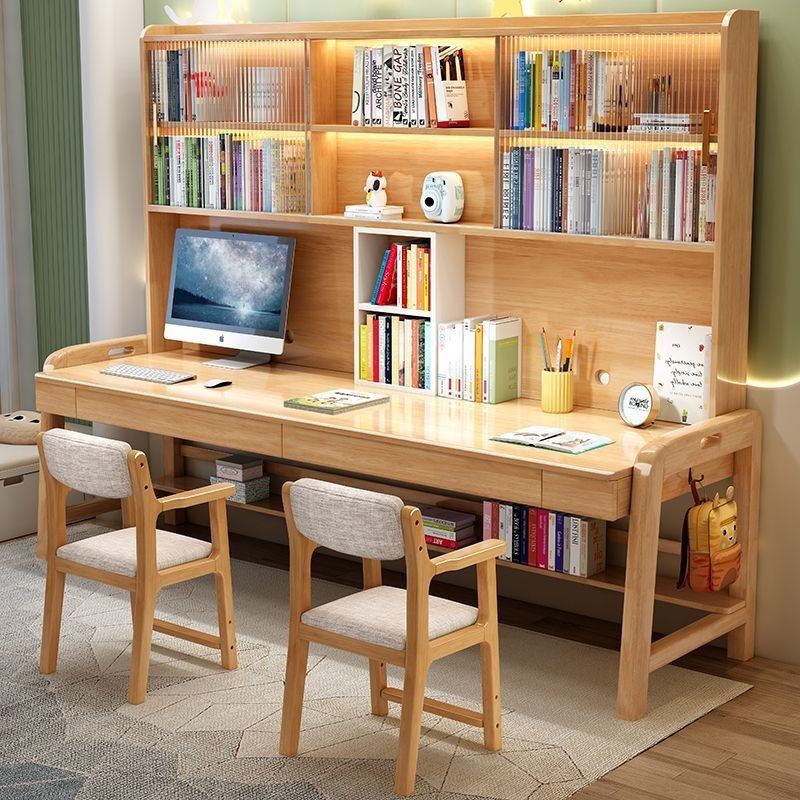 实木双人书桌书架书柜一体儿童学生学习桌加长办公电脑桌