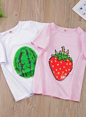 女童短袖t恤夏装纯棉儿童亮片草莓卡通男童西瓜上衣变色翻转衣服